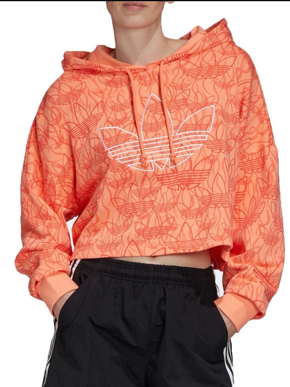 Adidas Coral & Peach Cropped Trefoil Hoodie